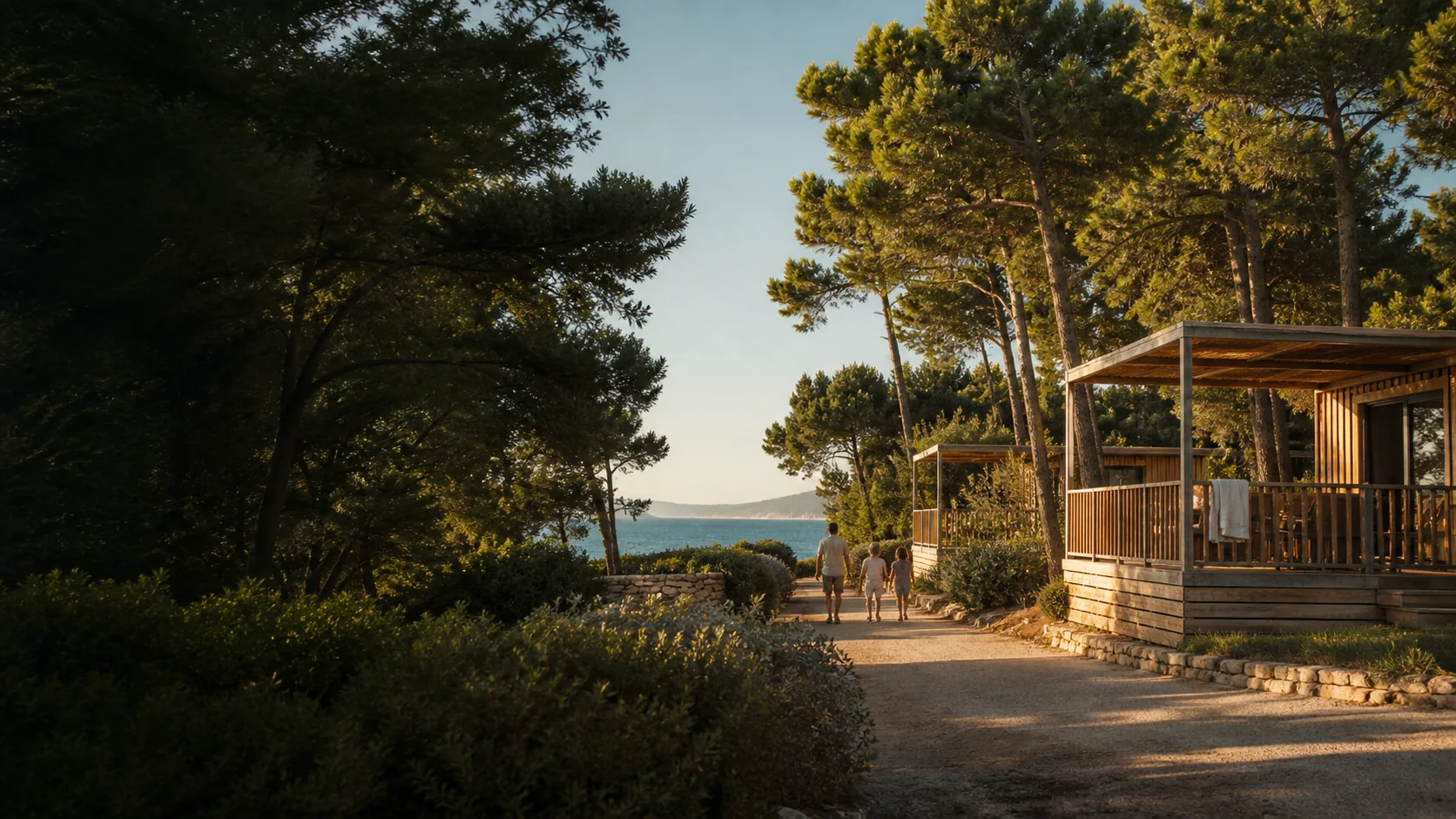 Camping mediterráneo entre pinos al atardecer