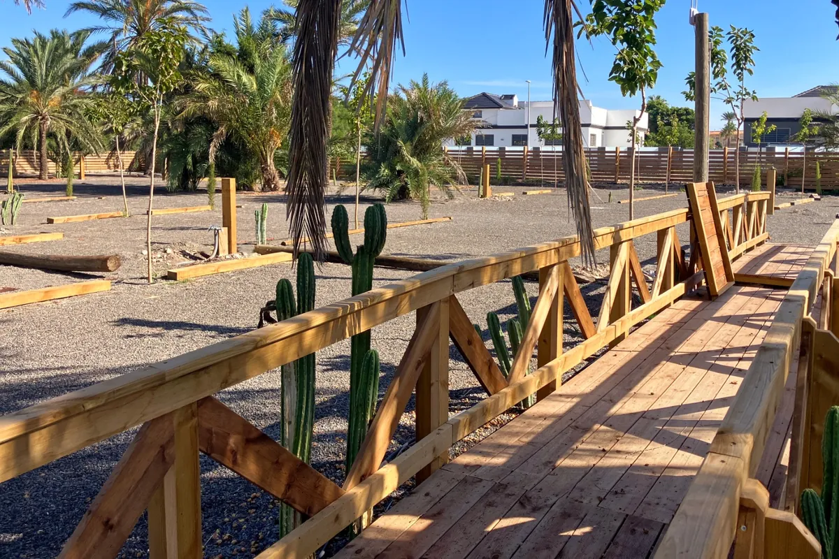 Pasarela de madera del camping entre palmeras y cactus